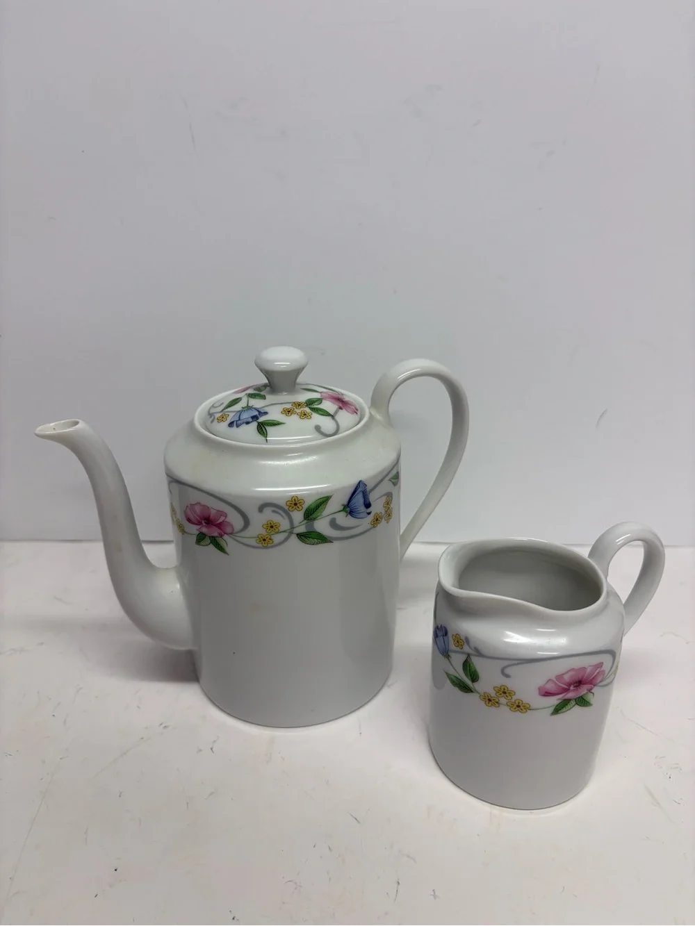 Vintage Limoges France Porcelain Floral Teapot and Creamer Set 2